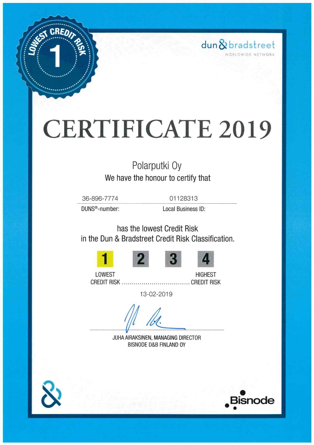 Cover Image for Polarputki Oy receives the Bisnode D&B best credit risk classification 1. again in 2019